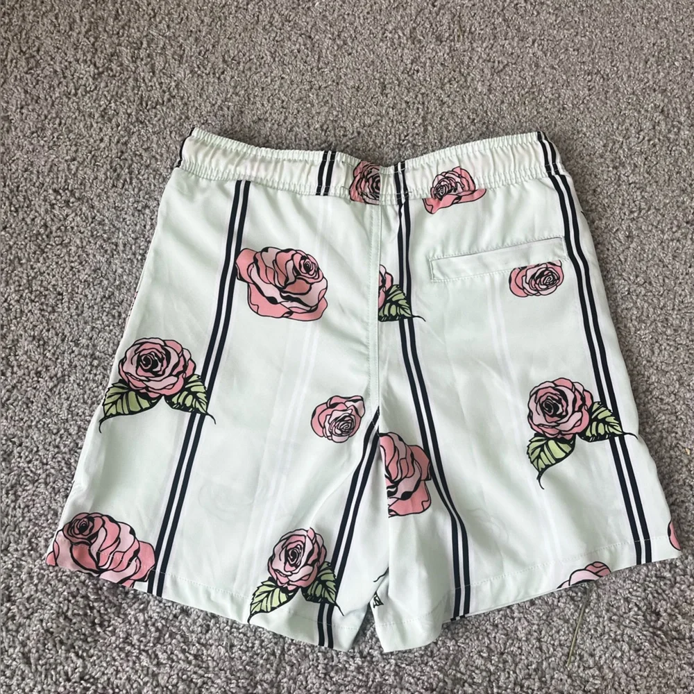 Men’s Surf Society Swim Trunks Shorts Mint‎ Pink Roses Stripes Size S